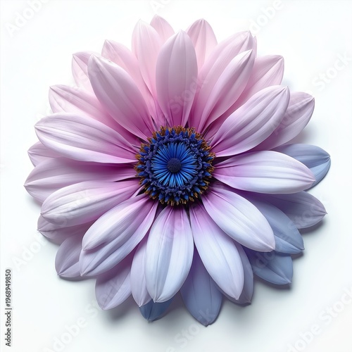 Close-up view of a large daisy flower with pink and light blue petals. Vibrant blue center with thin brown accents. Isolated on a white background.