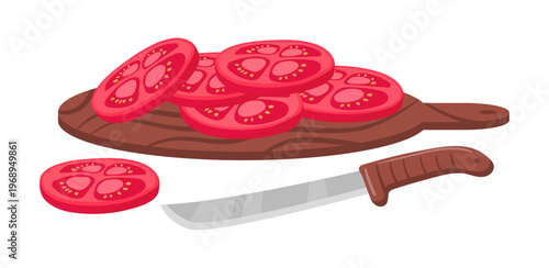 Red tomato slices. Chopped tomatoes, ripe tomato on cutting board, fresh red tomatoes with yellow seeds flat vector illustration. Cartoon sliced ​​tomato isolated on white