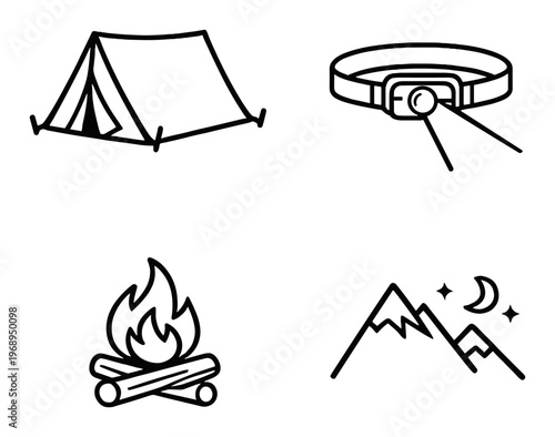 Four outdoor icons showing tent, headlamp, fire and mountains