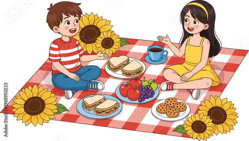 Happy children having picnic with sandwiches, fruits and sunflowers on blanket, colorful cartoon illustration for summer, friendship and outdoor activity themes