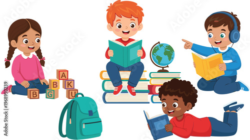 Happy diverse children reading books learning together with globe backpack alphabet blocks colorful education cartoon illustration isolated background