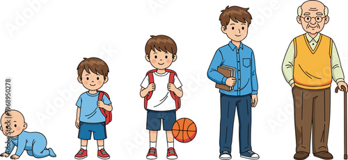 Human life stages from baby to elderly man growth development aging process cartoon illustration isolated on white background education concept