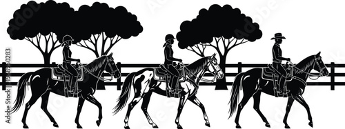 Horse riders silhouette with ranch fence and trees, western cowboy horseback scene, countryside equestrian lifestyle illustration isolated on white background