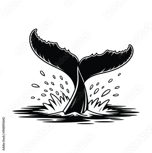 Black and white tail of a whale diving into water ocean vector illustration EPS PNG file