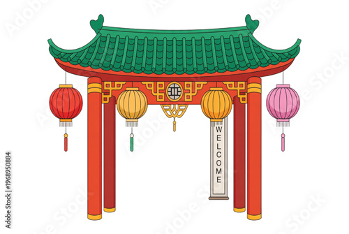 Colorful chinese archway with lanterns and welcome sign vector illustration EPS PNG file