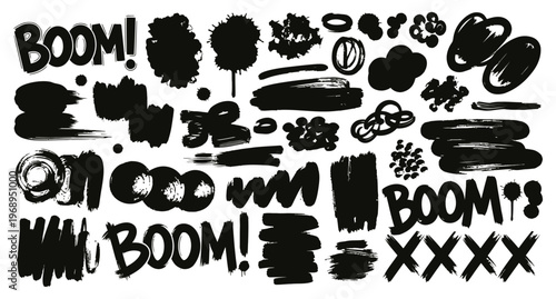 Urban graffiti elements spray paint tags and explosive word art