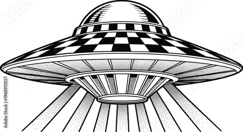 Retro flying saucer UFO illustration with beam lights, classic alien spacecraft design, science fiction concept, vintage style isolated on white background