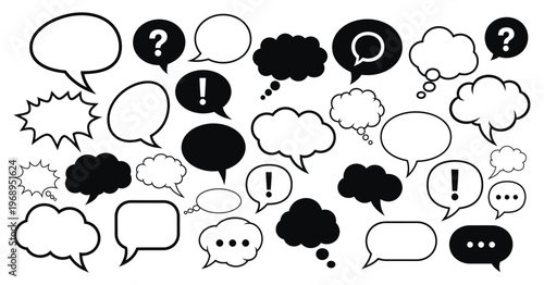 Collection of black and white speech bubbles and thought balloons