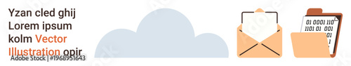 Data storage, file management, cloud computing, email communication, digital archiving, organization. Cloud illustration, envelope clipboard with binary code. Data storage and file management