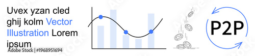 Finance, digital payments, peer-to-peer transactions, economic growth, cryptocurrency, analytics. Includes bar chart, line graph coins and P2P symbol. Finance and digital payments concept