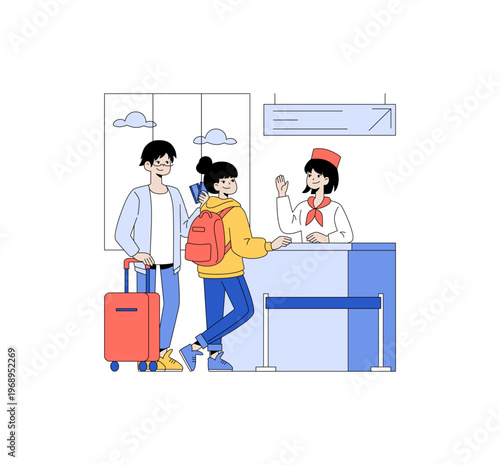 Travelers Checking In at Airport Counter Vector Illustration