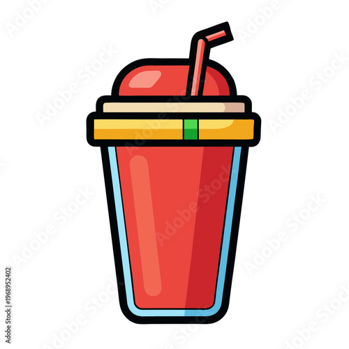 Cartoon red slushy drink in plastic cup with straw, frozen fruit smoothie vector icon, cold summer beverage illustration on white background