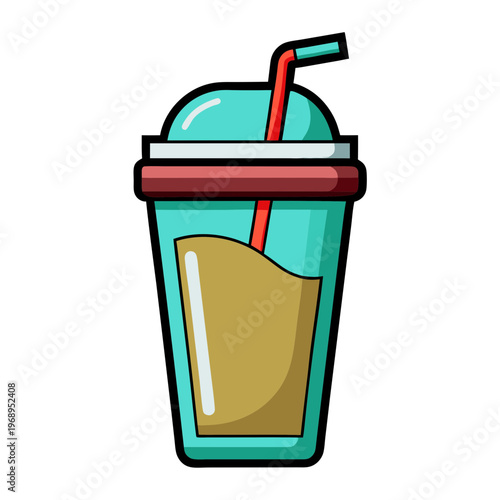 Iced coffee plastic cup vector illustration, takeaway frappe with straw and dome lid, refreshing cold beverage icon for cafe menu