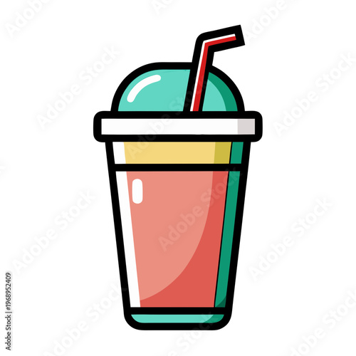 Flat vector illustration of a takeaway soda cup with straw, colorful plastic beverage container for soft drinks, refreshing cold juice smoothie icon