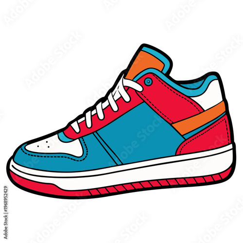 Retro colorful sneaker vector illustration, vintage high-top basketball shoe icon, vibrant streetwear footwear graphic with bold outlines