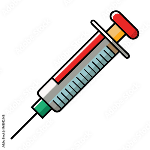 Medical syringe vector illustration, clinical hypodermic needle for vaccination, plastic injector with red liquid for healthcare and medicine