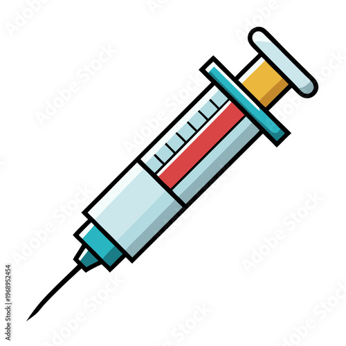 Medical syringe vector illustration, hypodermic needle with red liquid, healthcare vaccination icon, clinical injection equipment for medicine and science