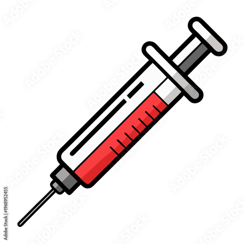 Medical syringe vector icon with red liquid, hypodermic needle for vaccination and blood sample, healthcare injection symbol on white background