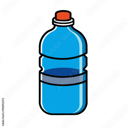 Blue water bottle vector illustration, plastic mineral water container with orange cap, flat cartoon style hydration icon for fitness and health