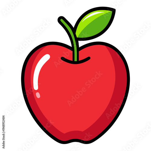Red apple vector illustration, fresh fruit icon with green leaf, cartoon style organic food graphic, isolated red apple on white background