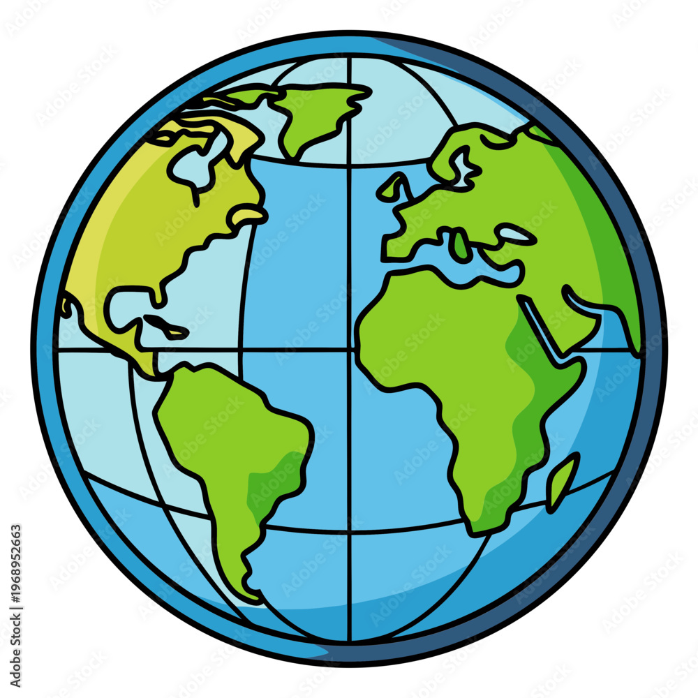 Obraz premium Stylized earth globe vector illustration, green and blue world map icon, cartoon planet earth with bold outlines for environmental and travel design