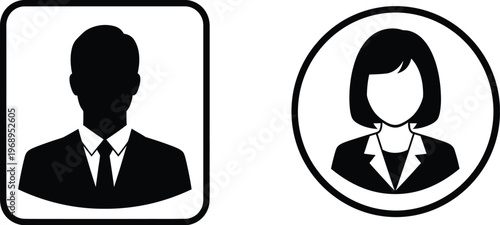 Silhouette icons of a businessman and businesswoman in corporate attire. Generic user profile pictures or avatars for professional applications. 