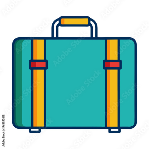 Vintage travel suitcase vector illustration, teal luggage with yellow straps, retro baggage icon for tourism and vacation concepts