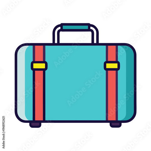 Vintage travel suitcase vector icon, blue retro luggage with red straps, classic baggage illustration for vacation and tourism design