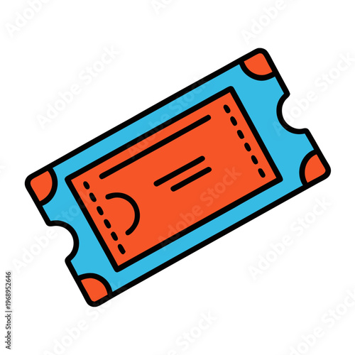 Retro cinema ticket vector icon, vintage movie theater pass with orange and blue colors, admission stub for entertainment and events
