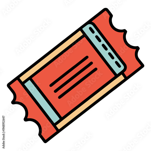 Vintage red cinema ticket vector icon, retro movie theater admission pass, colorful flat line art raffle ticket for events and entertainment