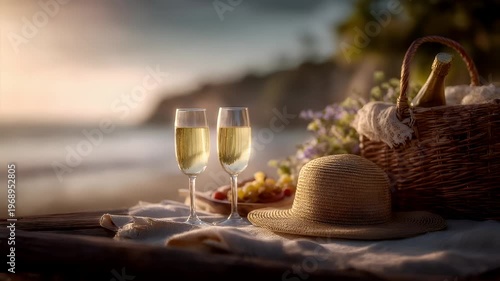 Spring Summer outdoor leisure relaxation activity. A serene outdoor scene at sunset. Two champagne flutes filled with sparkling white wine, placed on a wooden table.