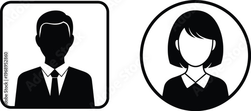 Silhouette icons of a businessman and businesswoman in corporate attire. Generic user profile pictures or avatars for professional applications. 