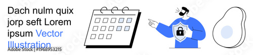 Data security, scheduling, planning, healthy lifestyle, information safety, abstract design. Person in shield lock icon with a calendar and an avocado. Data security and scheduling concepts