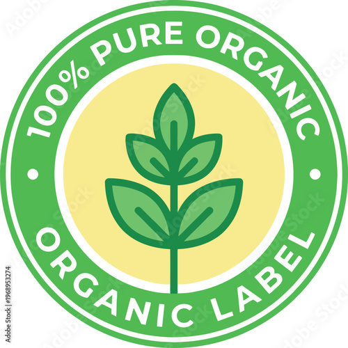 100% pure organic label with stylized plant icon