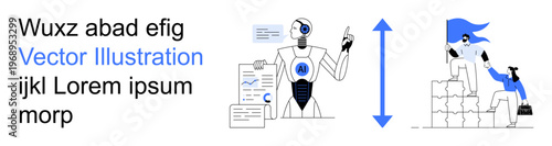 Artificial intelligence evolution, teamwork innovation, business progress, digital technology, data analysis, leadership. AI robot with documents and a collaborative team. Artificial intelligence