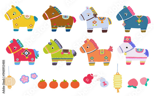 Set of cute colorful craft paper horse figurines with traditional Chinese ornaments, grainy texture folk art illustration for Lunar New Year and festivals. isolated , transparent background.