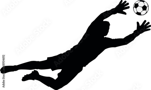 A silhouette of a goalkeeper leaping with arms raised to catch the ball