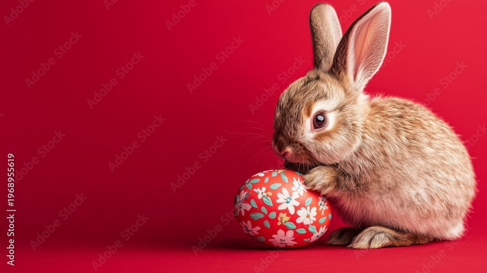 Obraz premium Cute brown rabbit with large ears holding a decorated Easter egg against a red background.