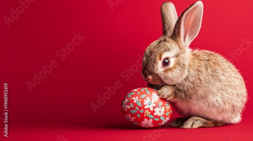 Cute brown rabbit with large ears holding a decorated Easter egg against a red background.