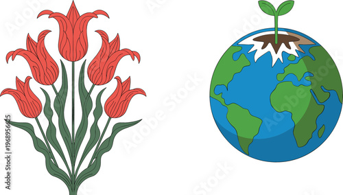 Vector illustration set with decorative red tulip flowers and earth globe with sprouting plant eco environment concept