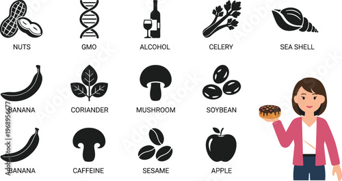 Food allergen vector icon set with nuts, GMO, alcohol, celery, shellfish, banana, coriander, mushroom, soybean, caffeine, sesame, and apple
