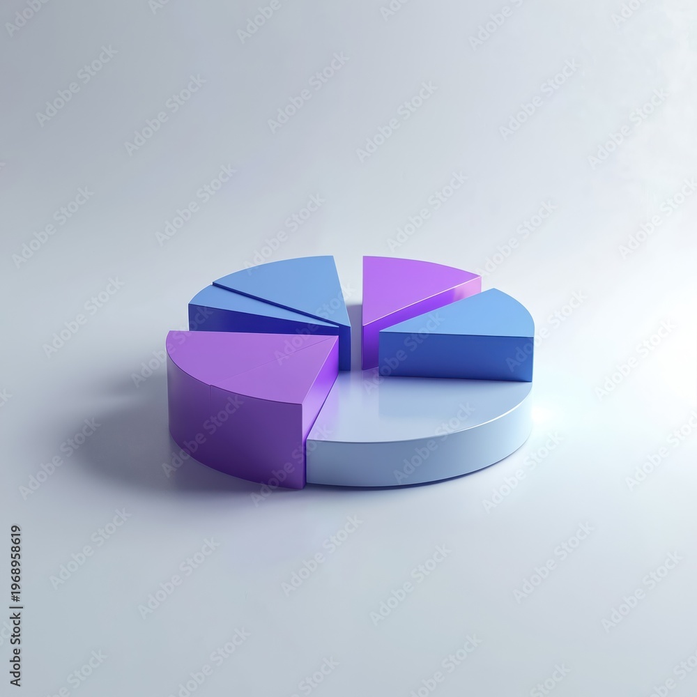 Obraz premium Three dimensional pie chart with purple and blue segments on a white background. Graphic represents data segments, analytics, and business finance concepts. Shows share percentage breakdown.