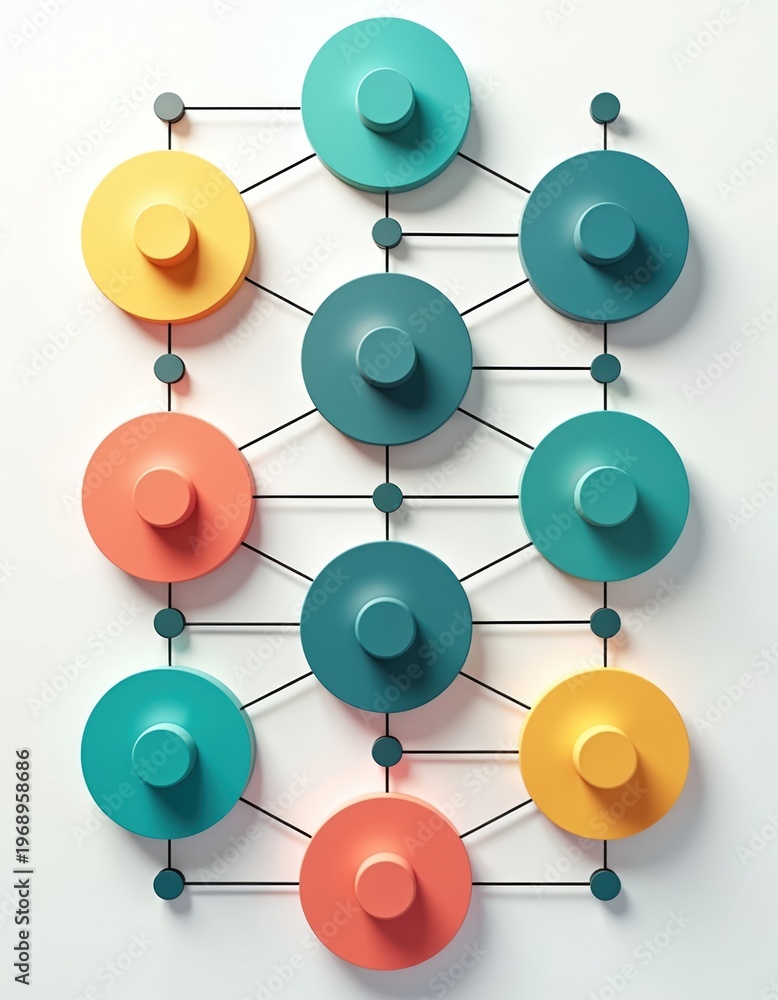 Fototapeta premium Abstract graphic shows linked circles in rows forming network. Represents system, process, strategy, or connections. Modern design with clean lines and bright colors.