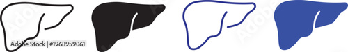 Liver Anatomy Icons: A set of four different graphic representations of the liver, each with a unique style including line art, solid black, outline and solid blue, all on a simple background.