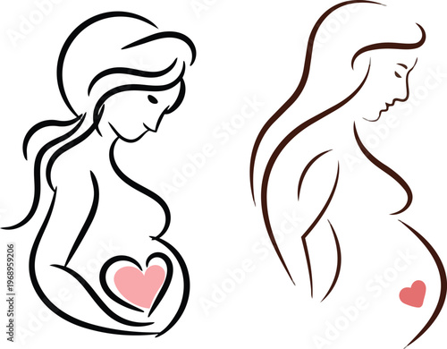 Embracing Motherhood: Two line drawings beautifully capture the essence of pregnancy, celebrating the profound connection between a mother and her unborn child with a delicate heart motif. 