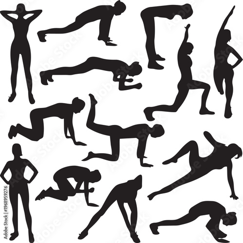 Dynamic Forms: Silhouetted figures engage in a sequence of fitness exercises, showcasing a commitment to physical activity and well-being. Capturing movement and vitality.