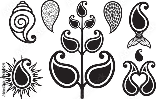 Collection of decorative paisley and floral motifs in black and white, ideal for cultural designs, tattoo art, and graphic elements kalkha kalka kolka Alpona
