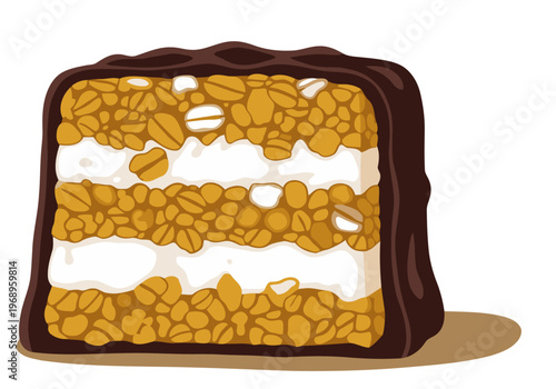 A cross-section illustration of a chocolate protein bar reveals layers of caramel, cream, and crunchy topping. Clean, modern design, perfect for food and health concepts.
