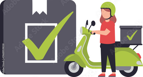 Delivery scooter rider successfully completes a delivery, marked with a check. Modern, flat design illustration for commercial use.