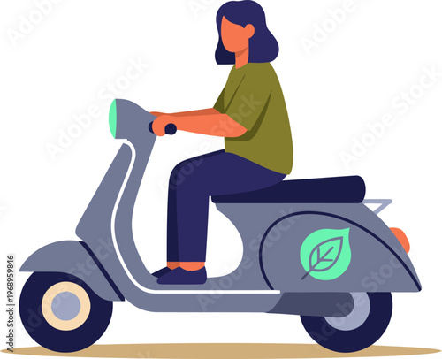 A female delivery rider on a scooter with a leaf logo, delivering sustainably. Modern illustration, clean design, pastel colors. Ideal for eco-friendly brands.